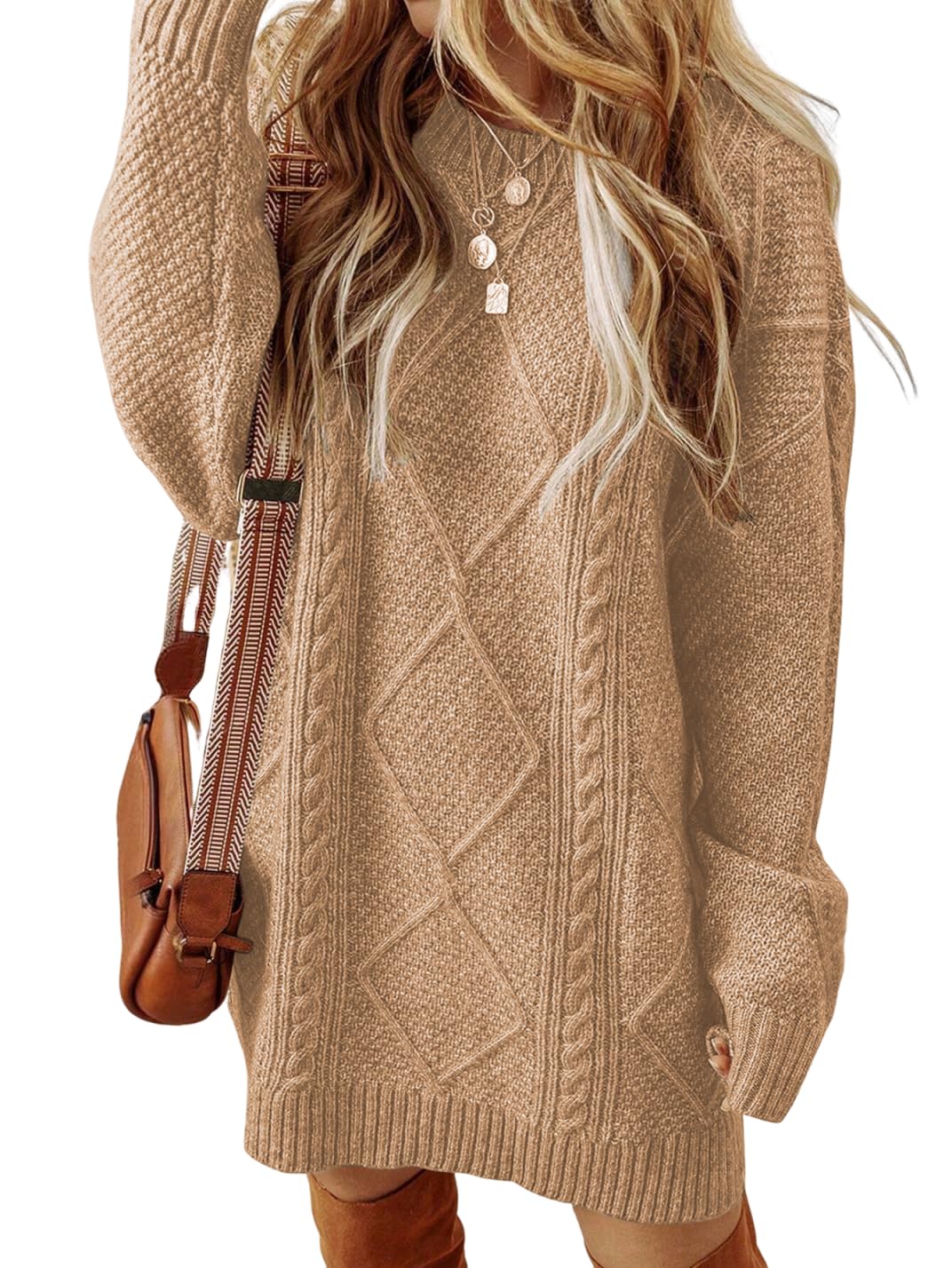 ZAFUL Womens Cable Knit Sweater Dress Long Sleeve Loose Crew Neck Pullover Tunic Mini Sweater Dress Fall Winter