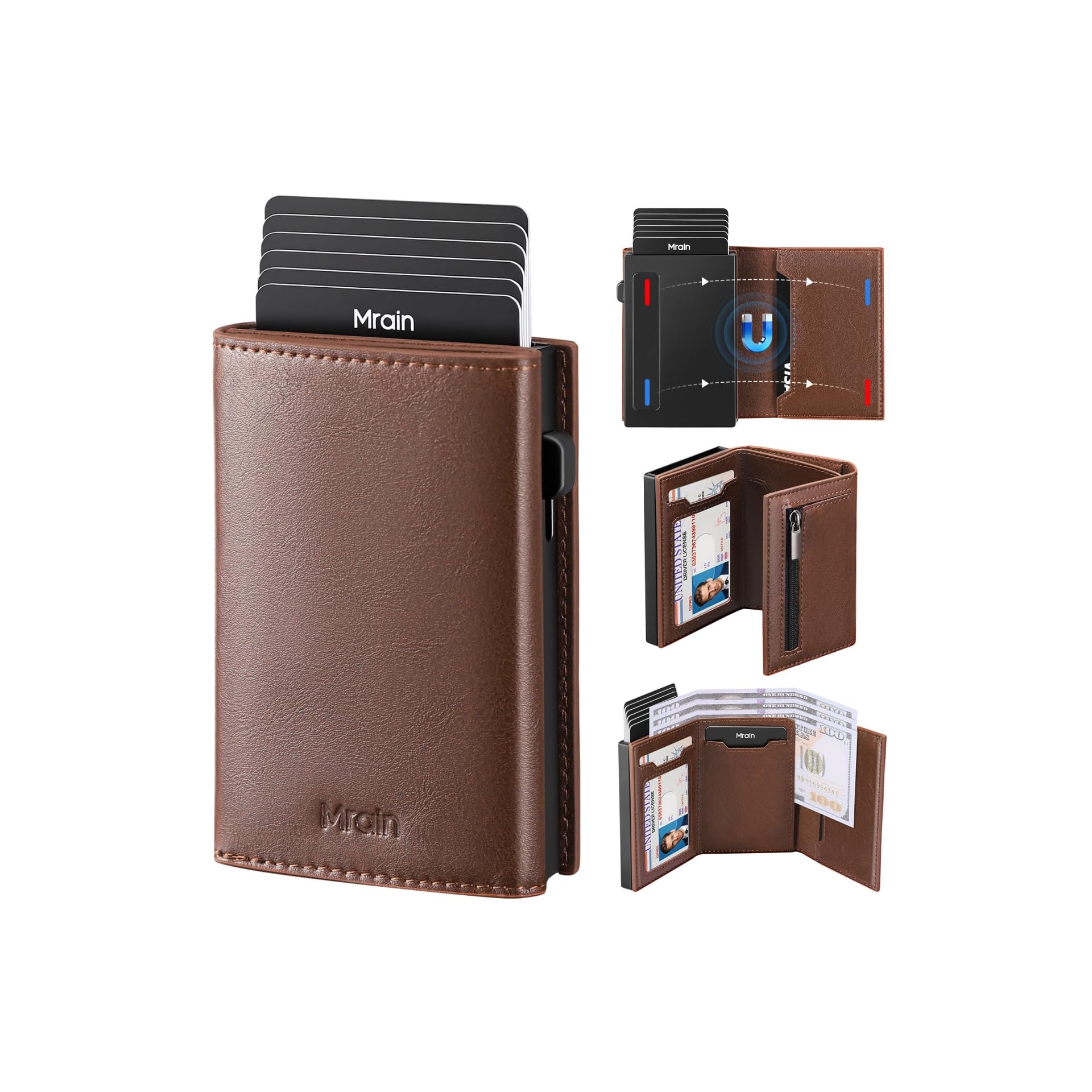 Mens Minimalist Slim Wallet Card Holder with Coin Pocket Cash Slot Magnetic Closure Pop Up Aluminum Case ID