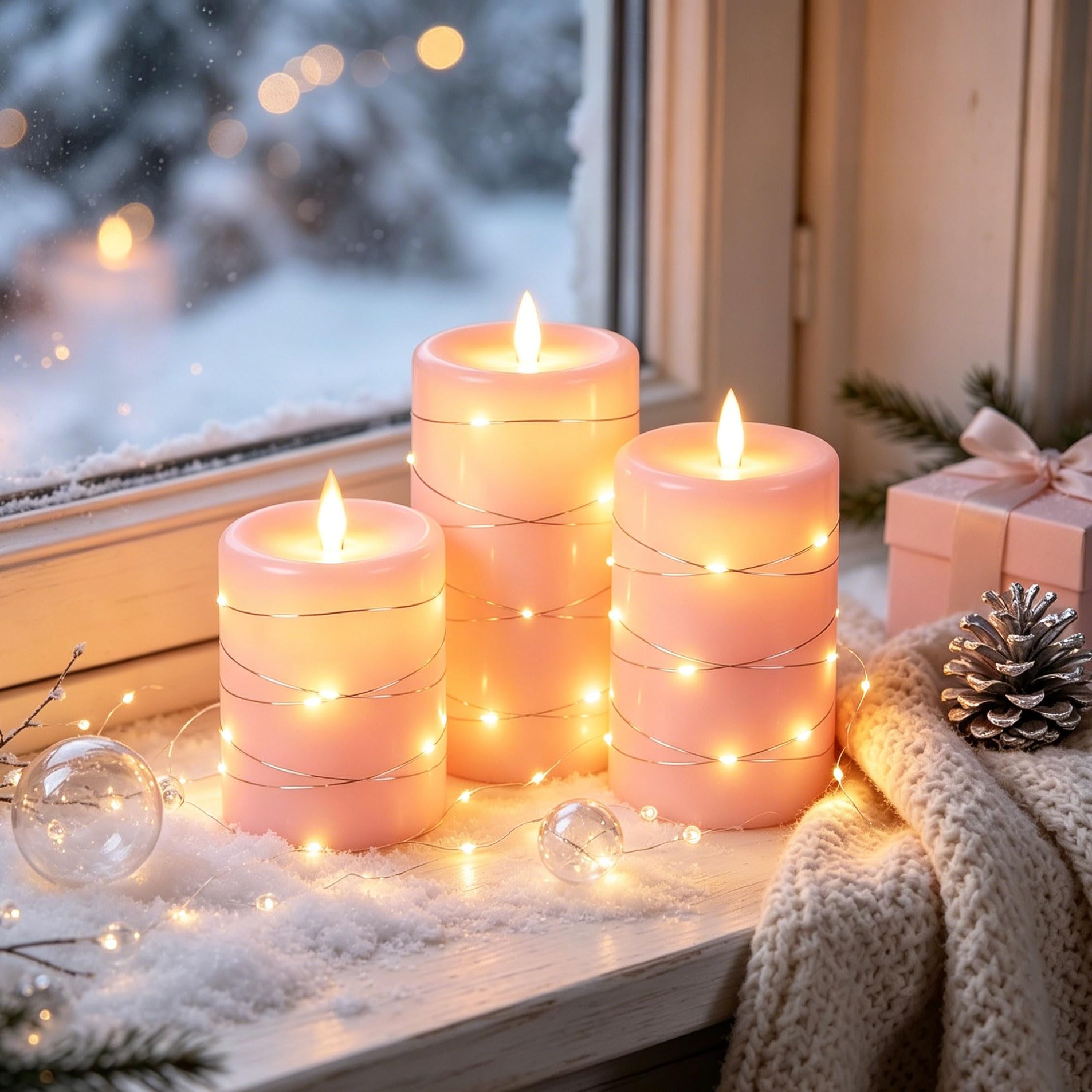 Da by 3 Candele LED Rosa in Cera Naturale, Luci Fatate Avvolgenti, Fiamma Tremolante Ultra Realistica, 1 Telecomando, Misure Assortite, Riutilizzabili per Decorazioni Interno ed Esterno