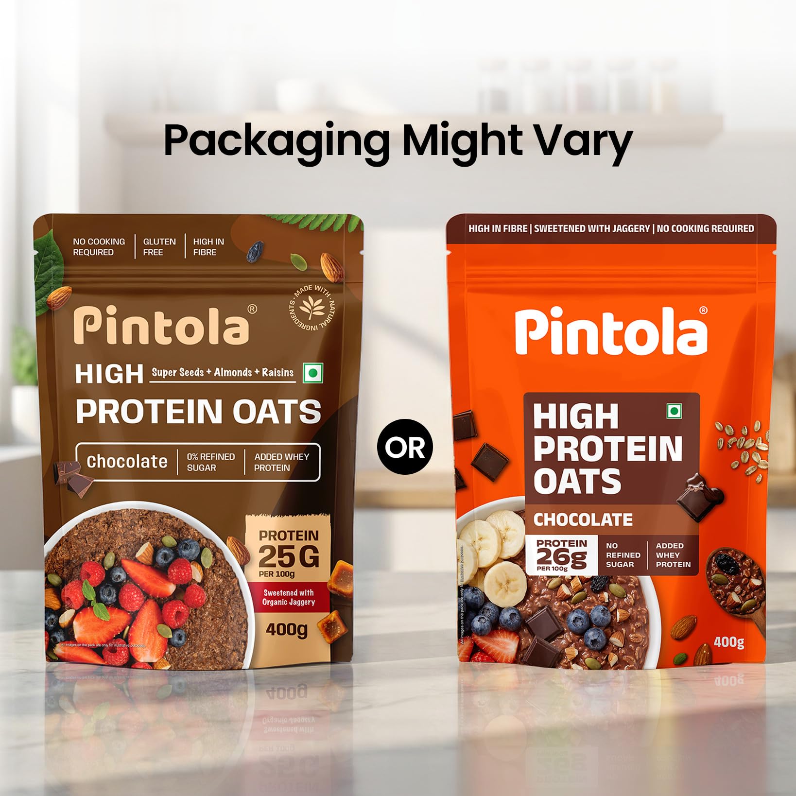 PINTOLA 26g High Protein Oats 400g, Dark Chocolate, No Refined Sugar, with Almonds, Raisins, Pumpkin & Chia Seeds, 9.6g Fibre, Rolled Oats for Weight Loss, Breakfast Cereals | Gluten Free 1