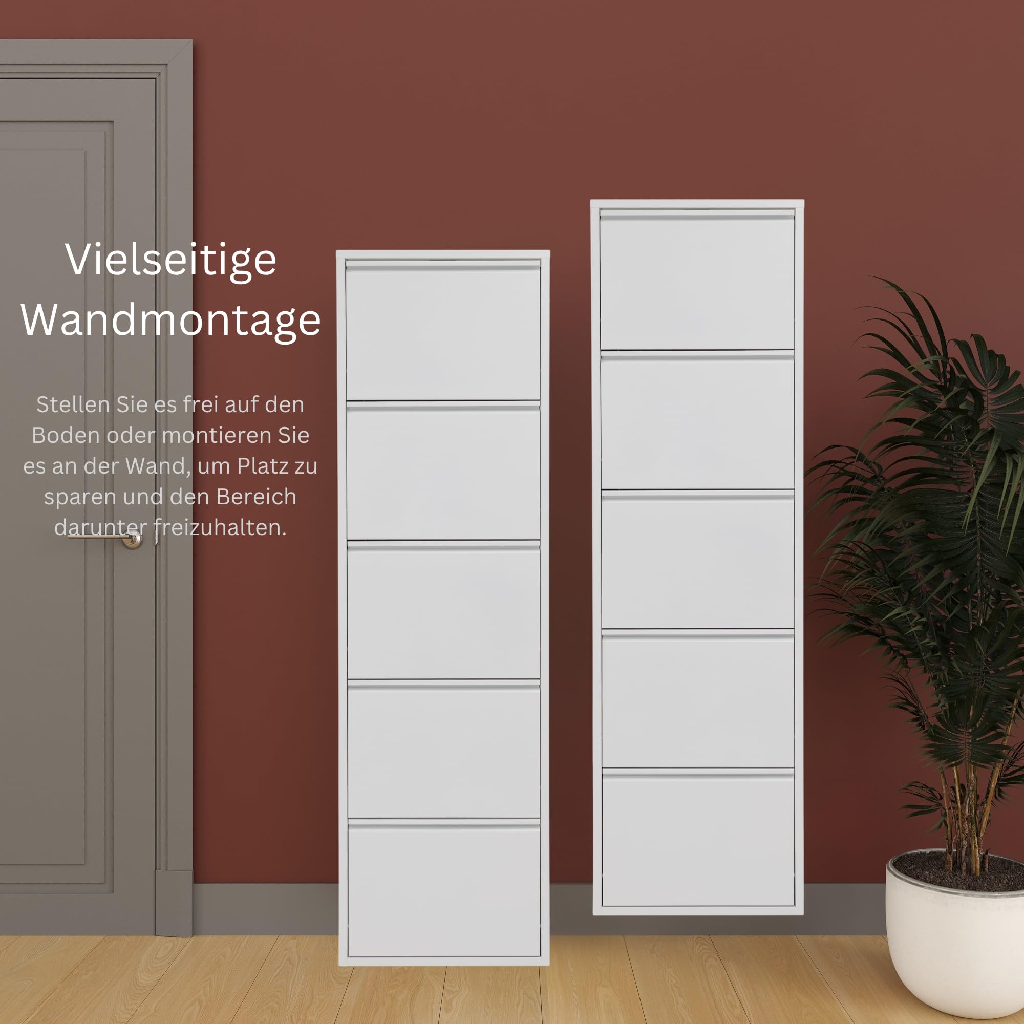 furni24 Schuhschrank, 5 Klappen, Metall, 10–14 Paar, wandmontierbar, vormontiert – Weiß