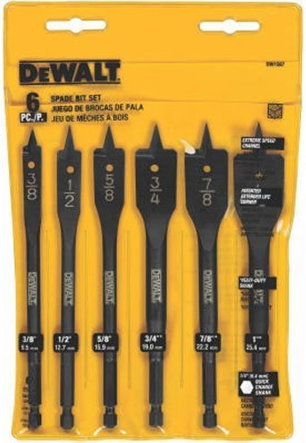 DW1587 6 Bit 3/8-Inch to 1-Inch Spade Drill Bit Assortment (Premium pack)