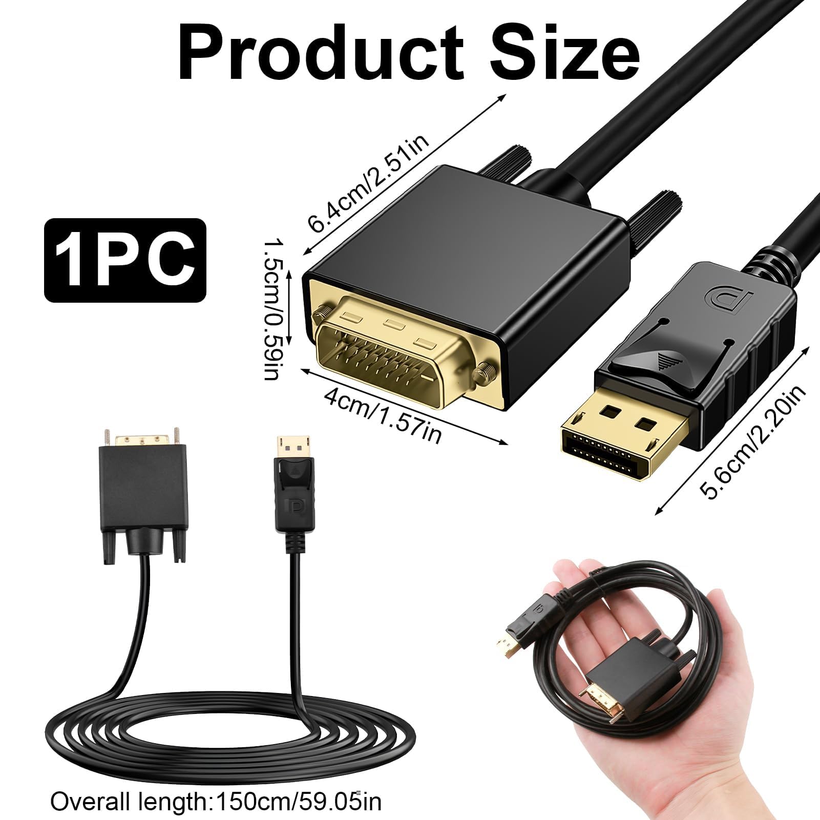 Cable DisplayPort a DVI-D de 1.8 m 1080p Resolución Full HD Conector Displayport a DVI Cables 24K Chapado-oro Compatible con PC Portátil Monitor Proyector Tarjeta Gráfica–Unidireccional