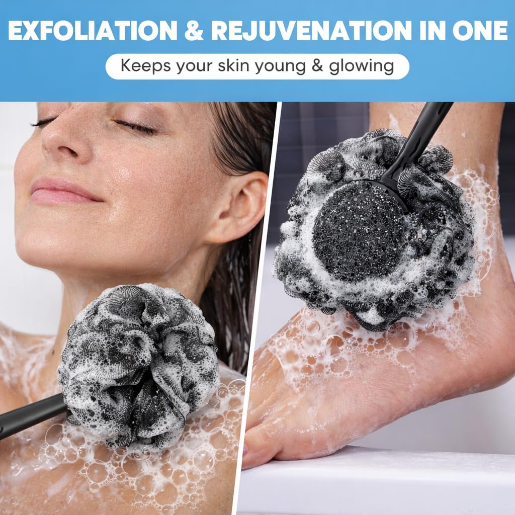 Loofah with Handle & Shower Brush Charcoal 2 Pack- Back Scrubber for Shower for Men & Women, Body Brush Ideal for Exfoliation, Back Loofah for Shower with Bath Brush, Long Handle for Shower Back Brush