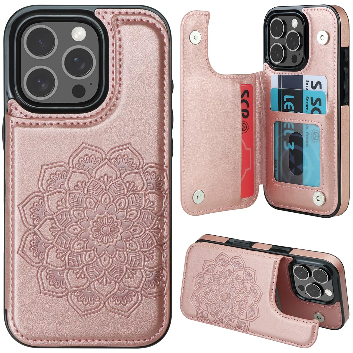 MMHUO for iPhone 16 Pro Case with Card Holder,Flower Magnetic Buttons Protective Wallet Case for Women for iPhone 16 Pro (6.3 Inch),Rose Gold