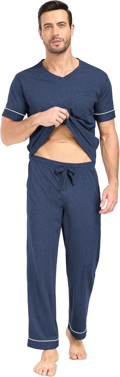 EA'S SECRET Mens Pajamas Set Short Sleeve Sleepwear 100% Cotton Nightwear Soft Comfy Pjs Sleep Set With Pocket - Image 3