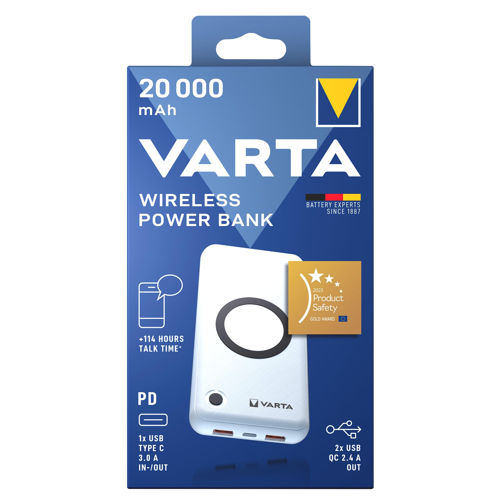 VARTA 2 in 1 Batterie Externe sans fil, Power Bank 20000 mAh, Wireless Charger, charge le smartphone et le powerbank en même temps, chargeur portable incl. câble de charge USB C