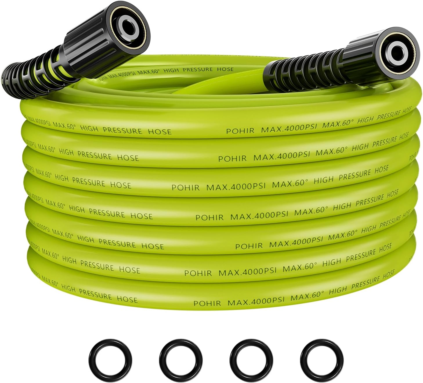 pohir 25ft pressure washer hose - 3600 psi high pressure replacement hose, m22 14/15mm connector, kink-resistant, electric car wash, 4 o-rings, flexible extension for power washing 25ft green