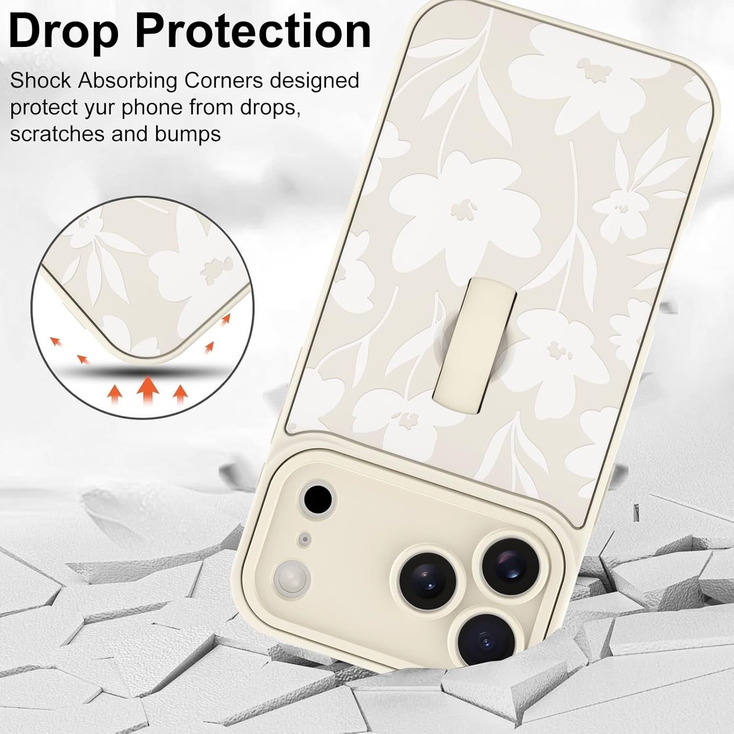 for iPhone 17 Pro Max Case with Finger Hand Strap Kickstand, Cute Aesthetic Floral Flower Phone Case for Women Men, Full Camera Protection Shockproof Cover, White - Image 4