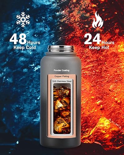 Miniatura 2 de Botella de agua aislada de 32 onzas, botella de agua al vacío de acero inoxidable, sin BPA y a prueba de fugas, con mango de paracaídas, correa,