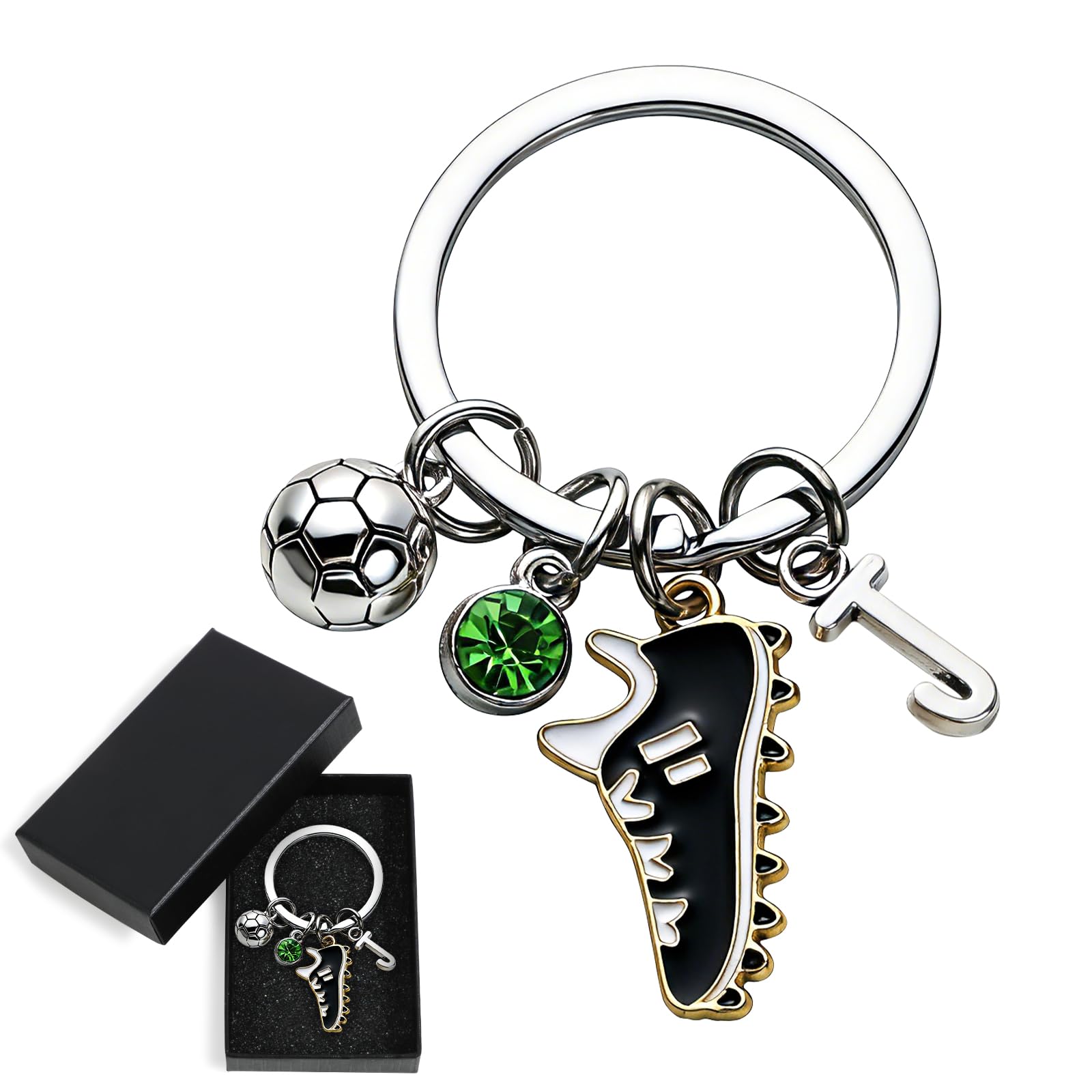 DOORIO Football Keyring, Sliver Initials Keyring with Rhinestone Football Boot & Ball Charms Keychain for Boys Girls Football Lovers Keyring Gifts (J)