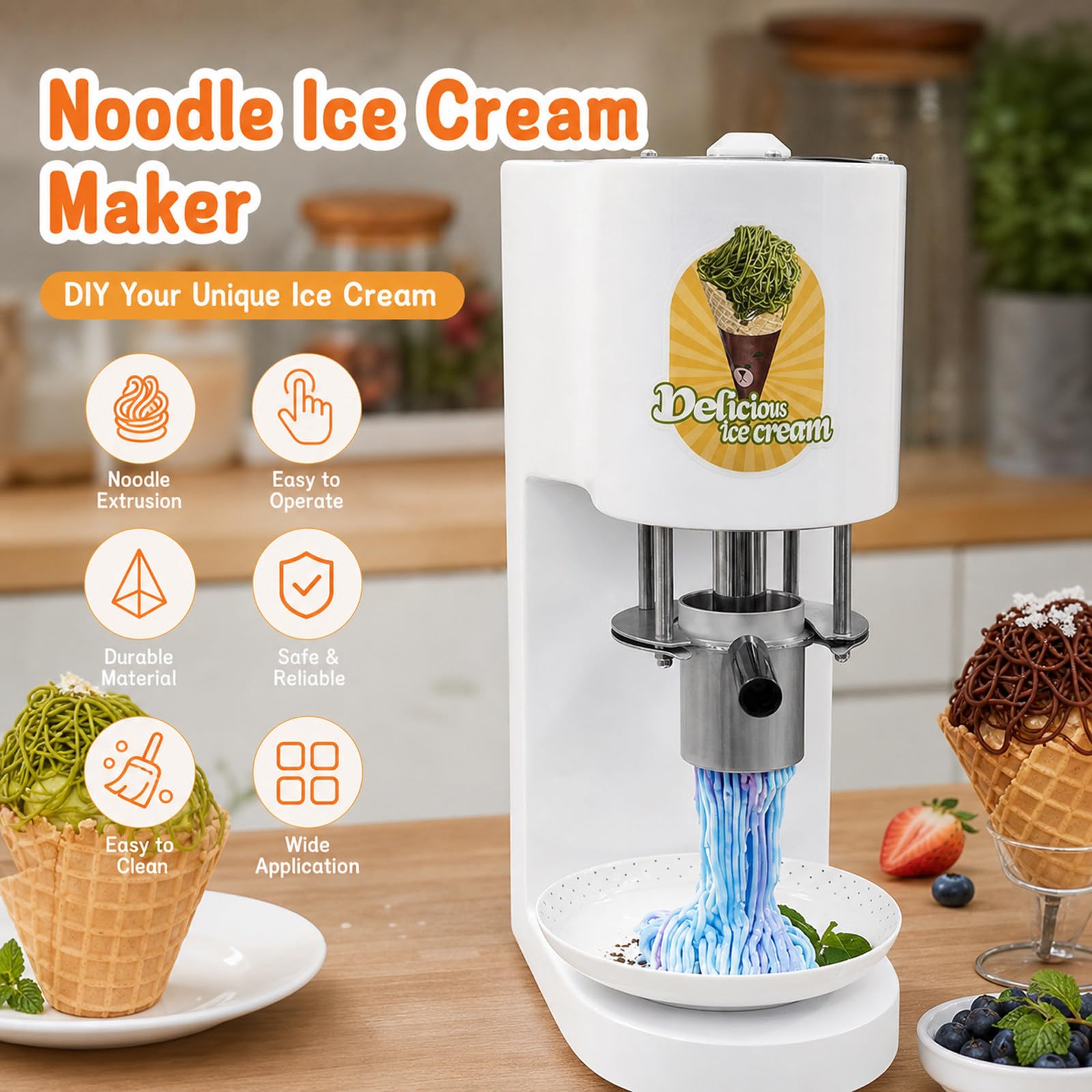 Máquina Profesional Spaghetti Helado, Máquina Comercial Hacer Helado Espagueti 80w, CREA Diferentes Formas de Postre, Soporte Antideslizante, para Eventos y Catering Privado White