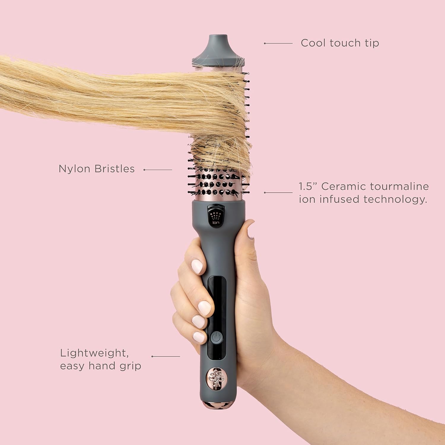 Hairitage Heated Curl Brush - 1.5 Inch Thermal Round Brush for Smooth & Frizz-Free Hair -10 Minute Blowout -Effortless Curls - Refresh Your Look - Ceramic Tourmaline Ion Technology - Up to 400 Degrees