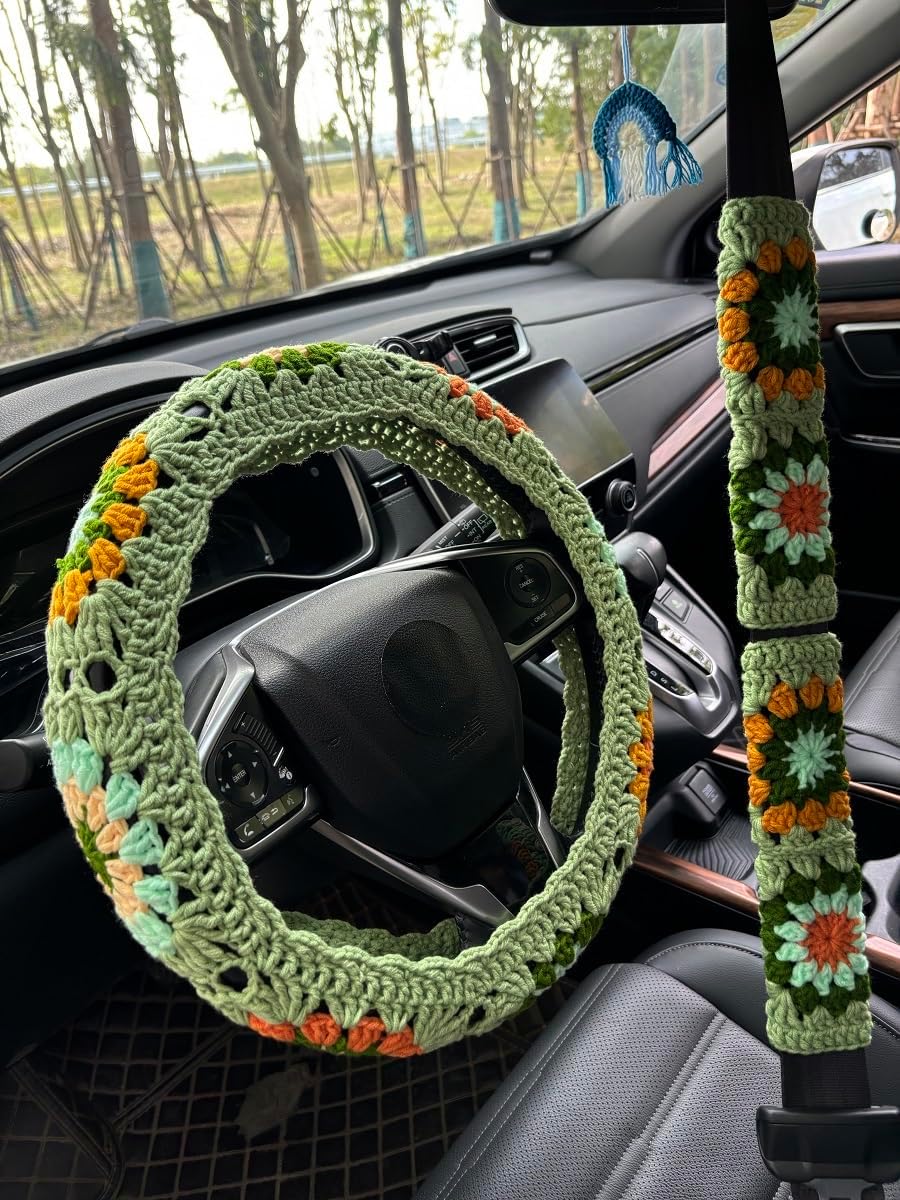 Crochet Sunflower Steering Wheel Cover,Cute Seatbelt Cover,Women Car Interior Accessories Decorations (A,Wheel Cover+2 Belt Cover+Rainbow)
