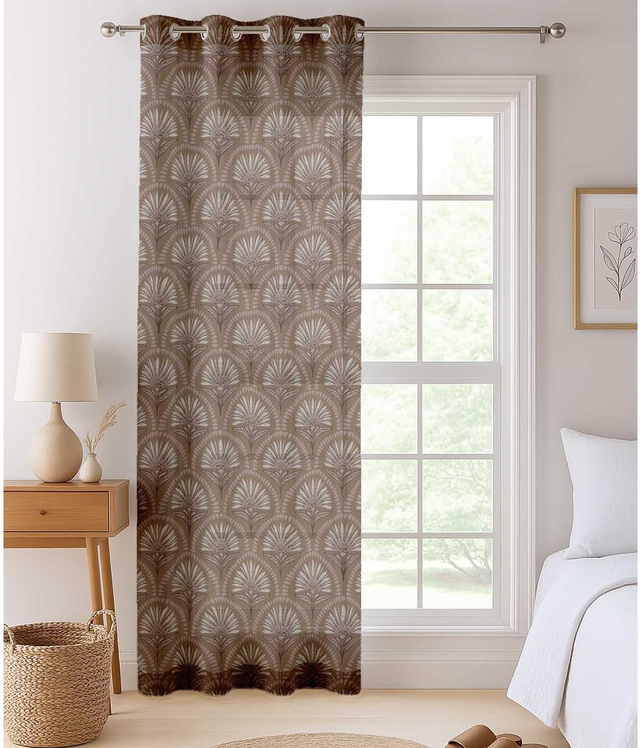 Brown Geometric Design Sheer Curtains for Short Windows - Set of 2 Panels, 63", Grommet Top, Printed Georgette, Light Filtering Drapes for Kitchen or Bedroom