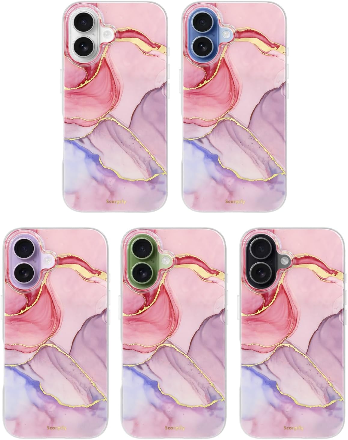 SCORPIFY for iPhone 17 Case [Compatible with MagSafe] with Pink Flange Crystal Marble Design, Cute Magnetic Phone Cover for Women Girls, [Non Yellowing] Slim Bumper with Gold Accents
