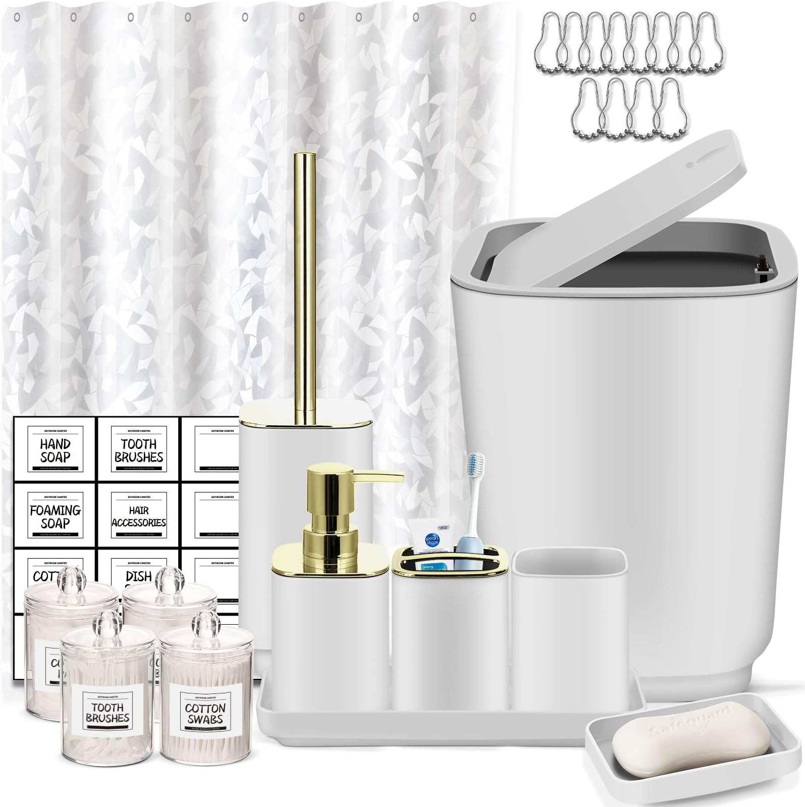 Bathroom Set,22 Piece Bathroom Accessories Set,White Shower Curtain,Tray,Soap Dispenser,Toothbrush Holder,Cup,Soap Dish,Toilet Brush,Qtip Holders,Trash Can for Bathroom Décor and Housewarming Gifts