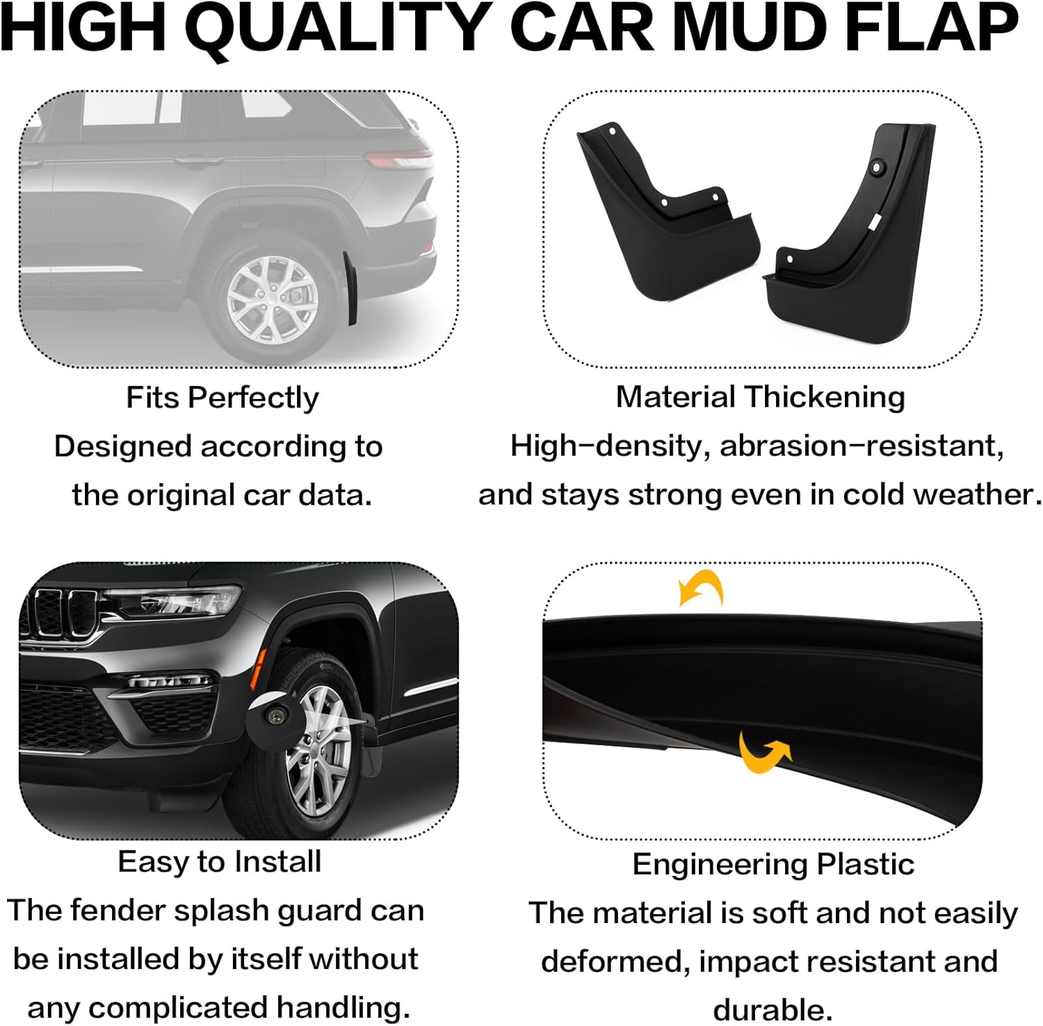PSLER Fit for Grand Cherokee 2024 2025 2022 2023 (Non L) 5 Seats Mud Flaps Set of 4PCS Mud Guard Kit Splash Guards Mudguards Mudflaps with Hardware Kits Accessory Front and Rear
