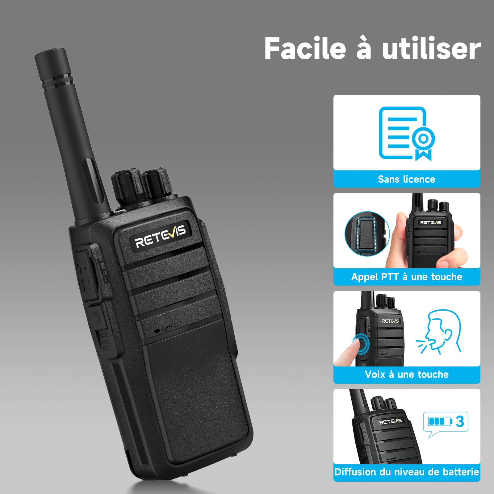 Retevis RT21 Walkie Talkie Portátil, Radio Bidireccional de 16 Canales con Base VOX o Carga Tipo C, 1200 mAh, Recargable para Planificación de Festivales, Comunicación de Seguridad (Negro, 4 Piezas)