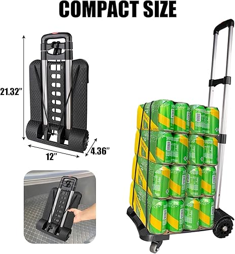 Miniatura 2 de Camión de mano plegable, carrito ligero de aluminio con 2 ruedas delanteras giratorias completas y 2 ruedas traseras de tanque, carrito de equipaje