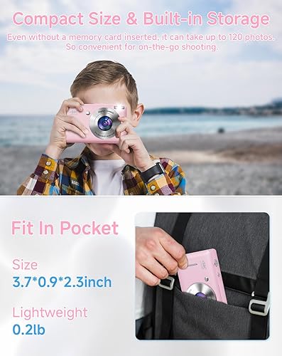 Miniatura 7 de Cámara digital para niños, FHD 1080P 44MP apuntar y disparar cámara digital con detección facial, cámara rosa