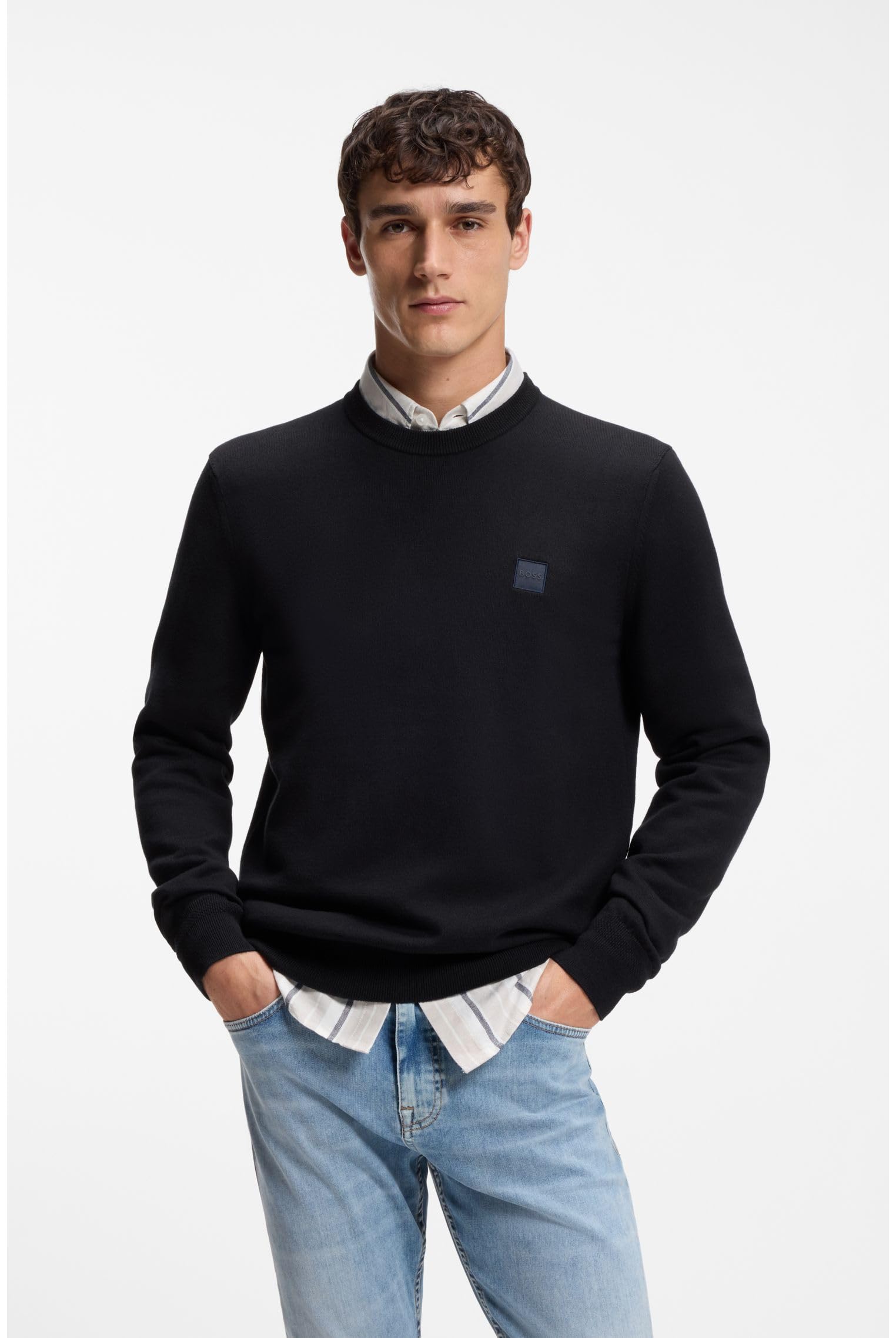 BOSS Herren Kanovano S Pullover aus Baumwoll-Mix mit Kaschmir-Anteil und Logo-Patch