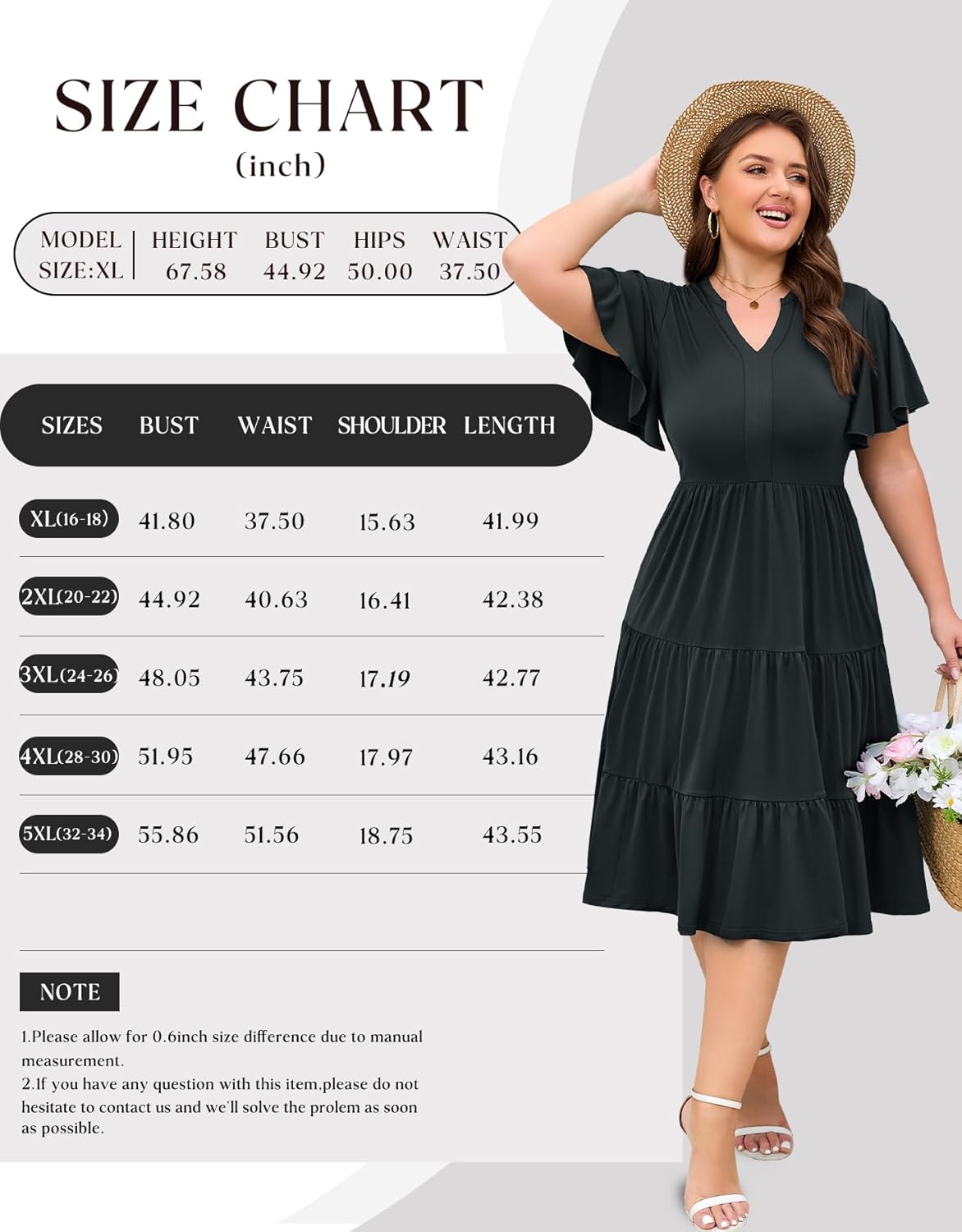 Plus Size Casual Dresses for Women Summer V Neck Ruffle Short Sleeve Tiered Swing Midi Dress with Pockets - Image 5