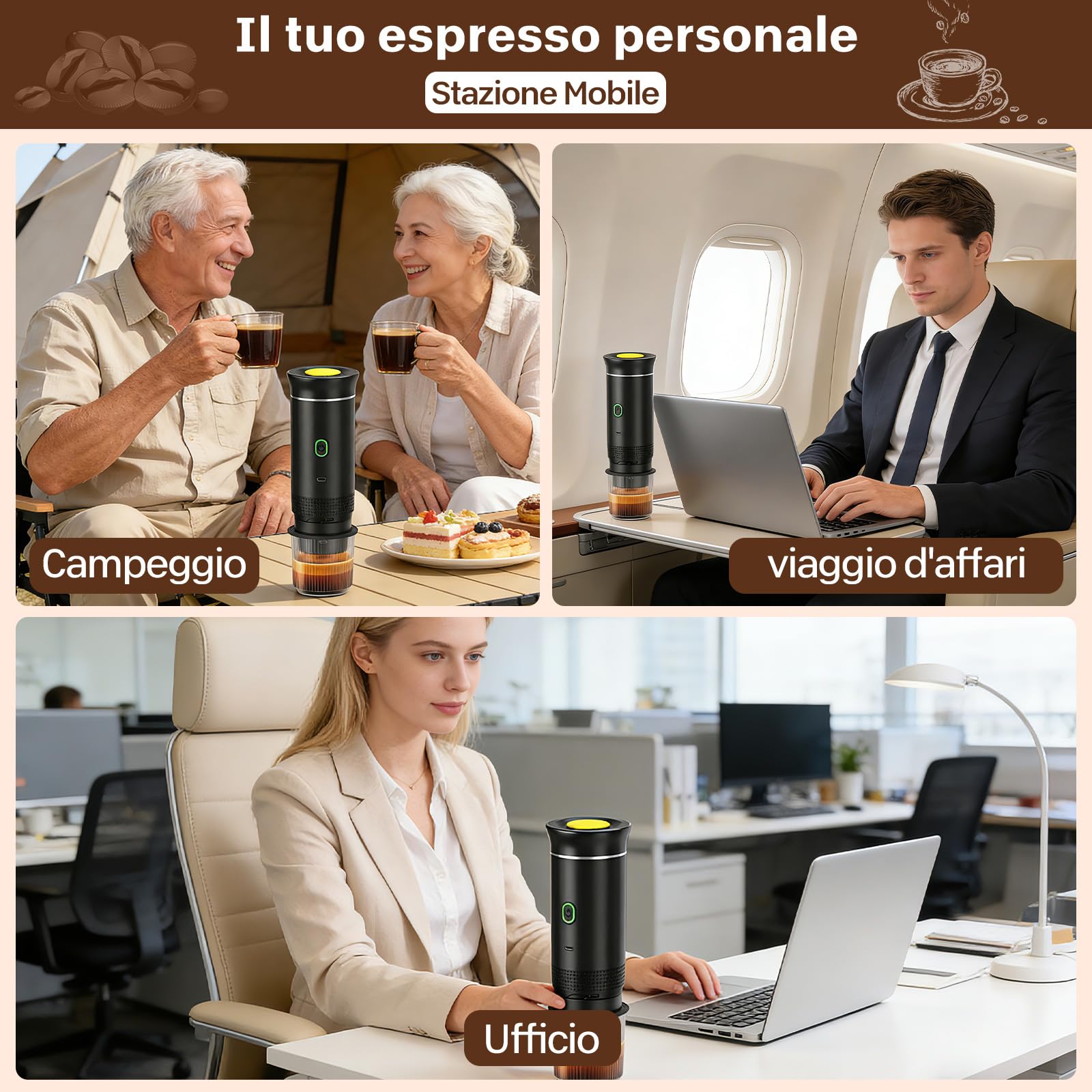 VHV Macchina Caffe Portatile 3 In 1 Macchina Caffe, 3 Minuti Di Auto-Riscaldamento, Caffettiera Elettrica Compatibile con Piccole Capsule, Grandi Capsule, Caffe Macinato, Per Ufficio, Auto (Nero)