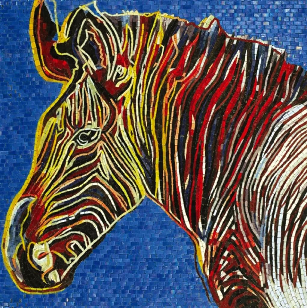 Handmade Technicolor Zebra Glass Mosaic Wall Art, Zebra Tile Mosaic Artwork, Hand-Cut Natural Tile Wildlife Wall Décor