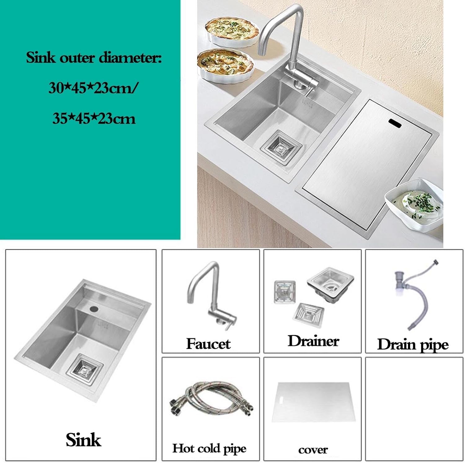 ZR98US Compact Stainless Steel Sink for Balcony Bar - Concealed Faucet, Multi-Functional (30x45x23cm)