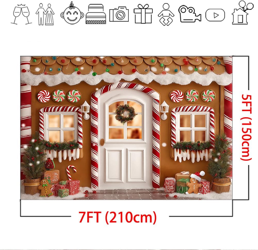 Mocsicka Gingerbread Christmas Backdrop Christmas Candy Cane Party Background Decorations Gingerbread House Family Holiday Party Photography Decorations Props (7x5ft)