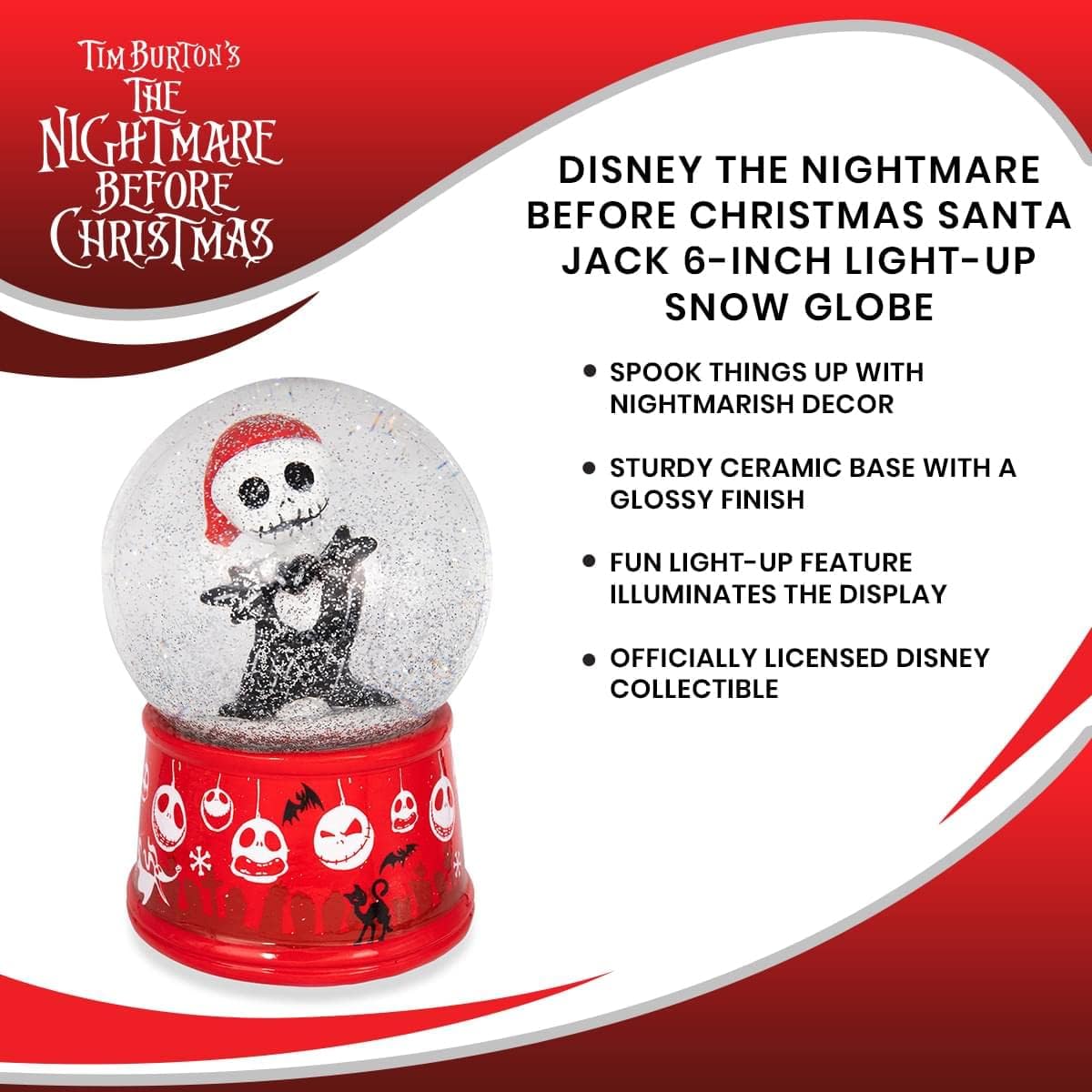 Disney The Nightmare Before Christmas Santa Jack Skellington 6-Inch Light-Up Adult Snow Globe with Swirling Glitter Display Piece Keepsake | Home Decor for Room Essentials | Tim Burton