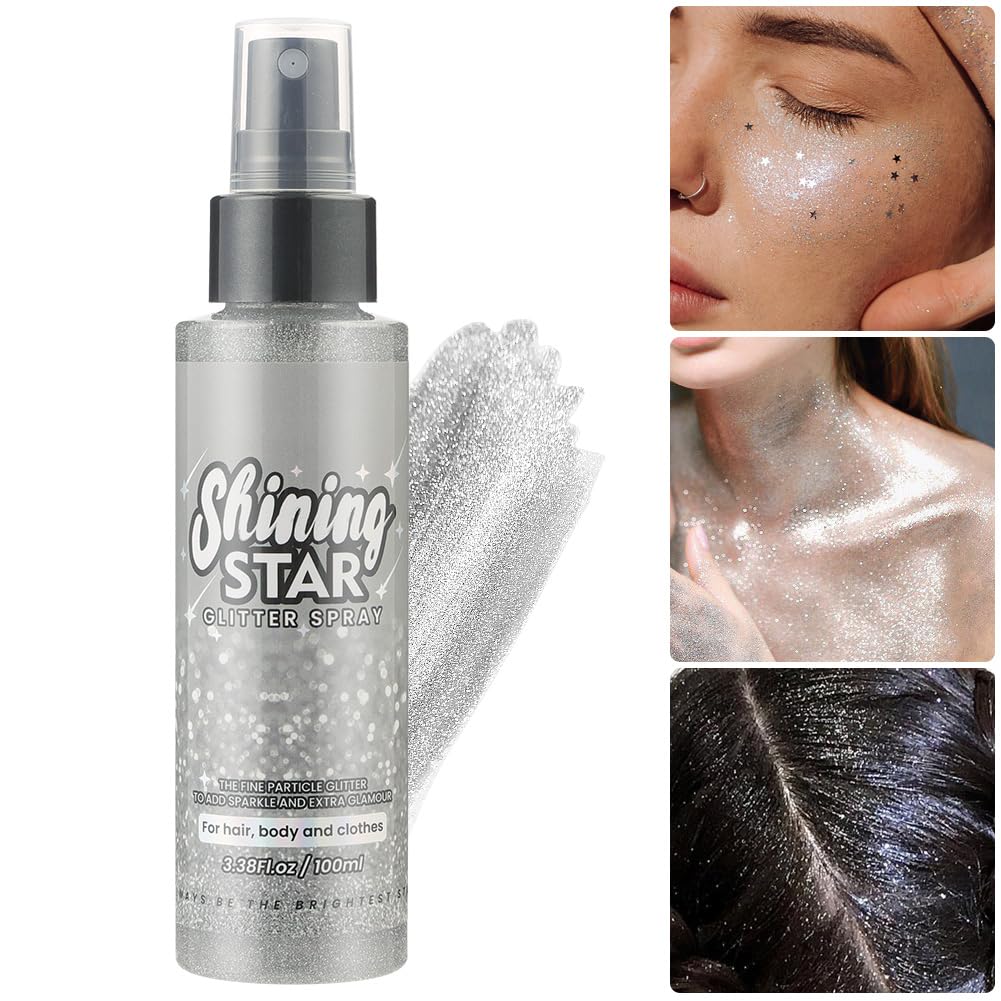 LOPHE Spray Brillantini Glitter, Glitterato Spray per Corpo Viso, Brillantini Corpo Vestiti per Capelli, Ultra Fine, Body Shimmer per Festival di Halloween, Club, Feste (100ml, Argento)