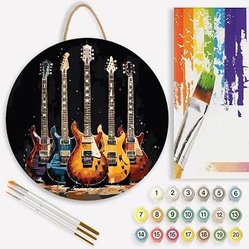 Electric Guitar Paint by Numbers Kit for Adults on Wood Board DIY Colorful Guitar and Music Wood Craft Painting Kit, 12 in Round, Acrylic Paint Set, Beginner-Friendly, Relaxing Home Decor Gift