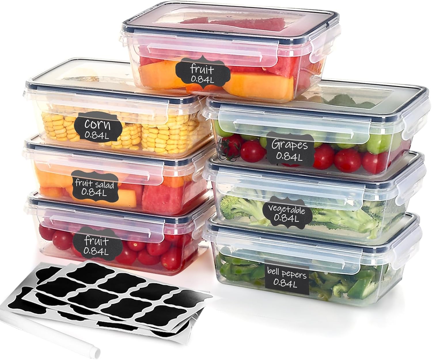 7 x 840 ml Food Storage Containers with Lid, BPA-Free, Airtight & Stackable, Freezer Containers and Meal Prep Boxes for Food Box, Freezer Container & Kitchen