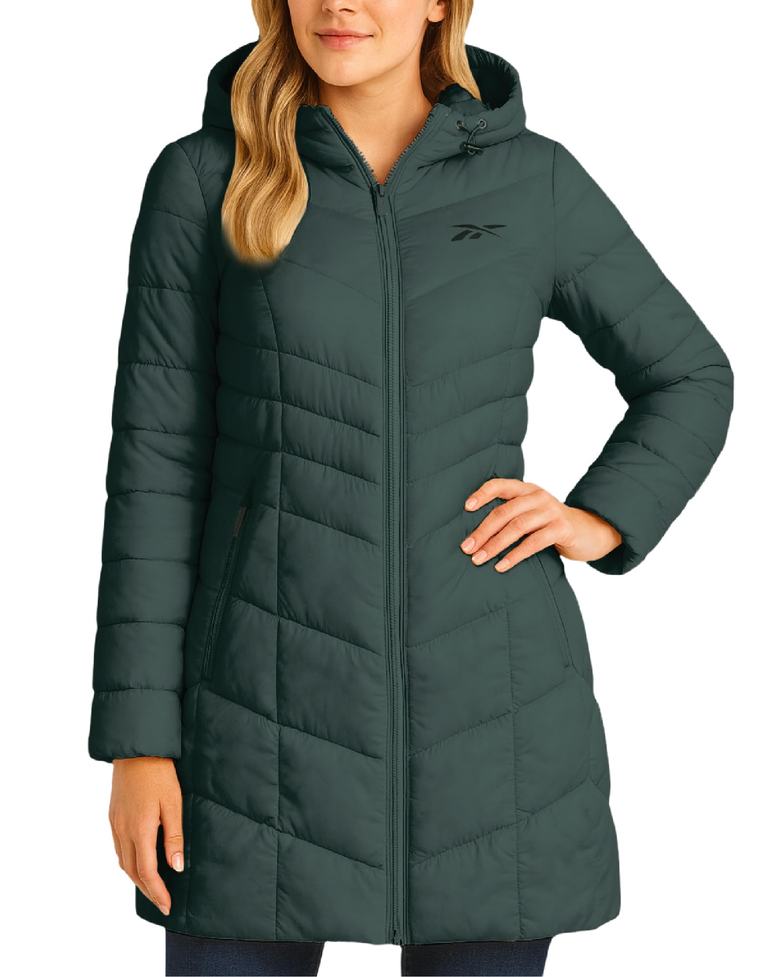 Reebok Women's Hunter Green Puffer Jacket - Long Quilted Hooded Winter Coat For - Lightweight Packable Outerwear Jackets For M