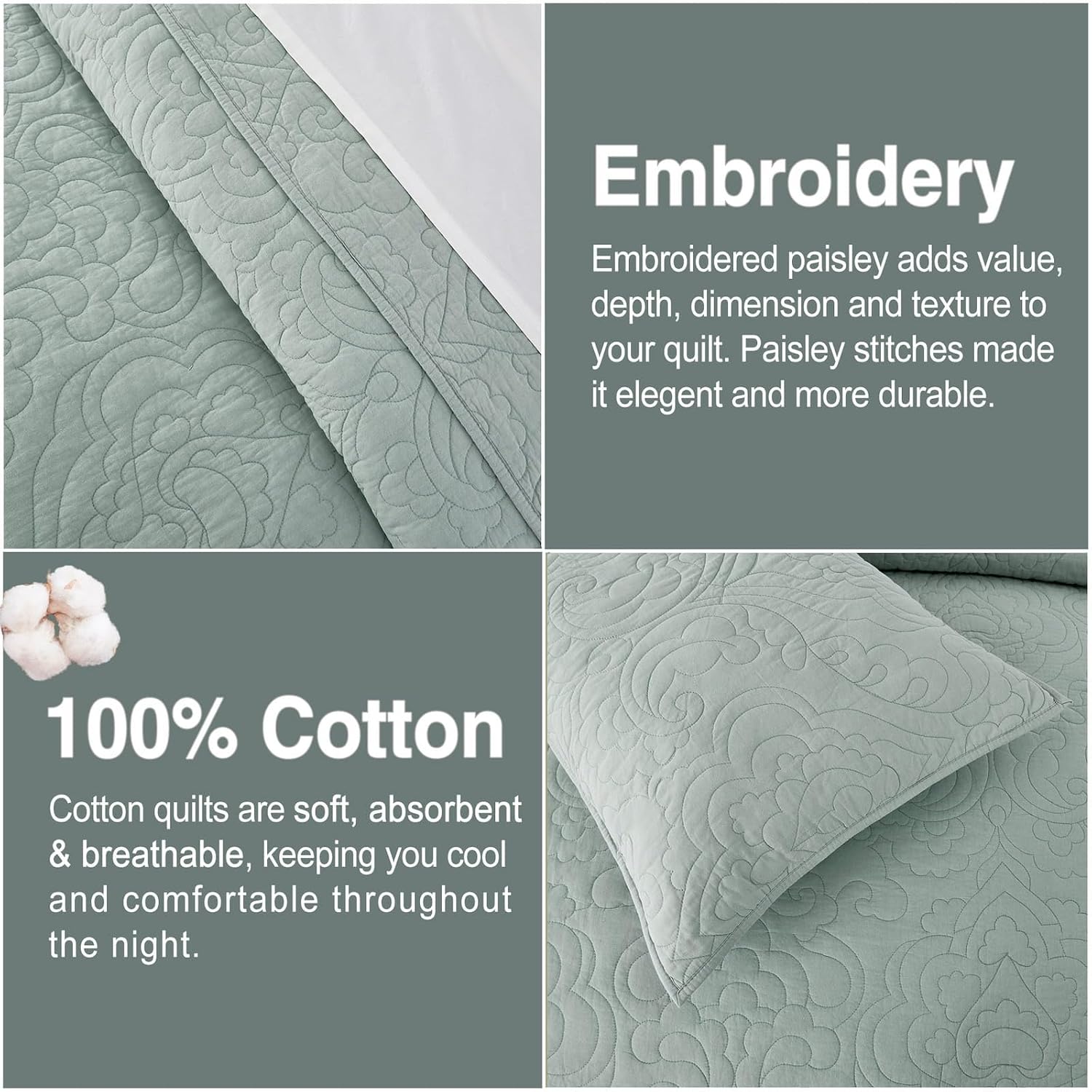 Querencia 100% Cotton Quilt Set - Queen Size, Lightweight Quilted Paisley Comforter, Bedspread Coverlet, All Seasons 3 Pieces (Full/Queen, Smoke Blue)