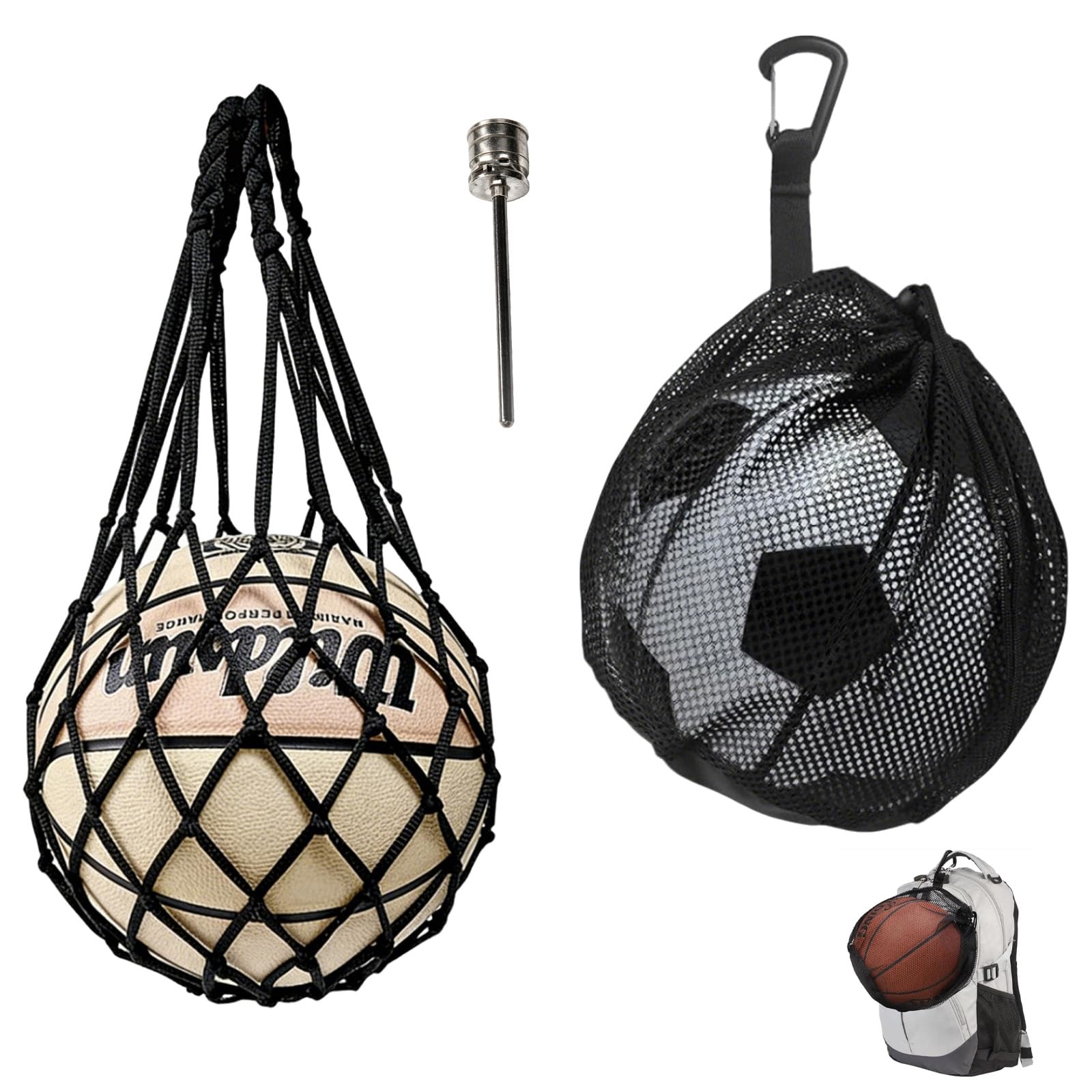 Bolsas de Red para Balones con Cordón y Gancho, Mochilas Portátiles para Baloncesto, Fútbol, Voleibol y Rugby, con Aguja de Inflado