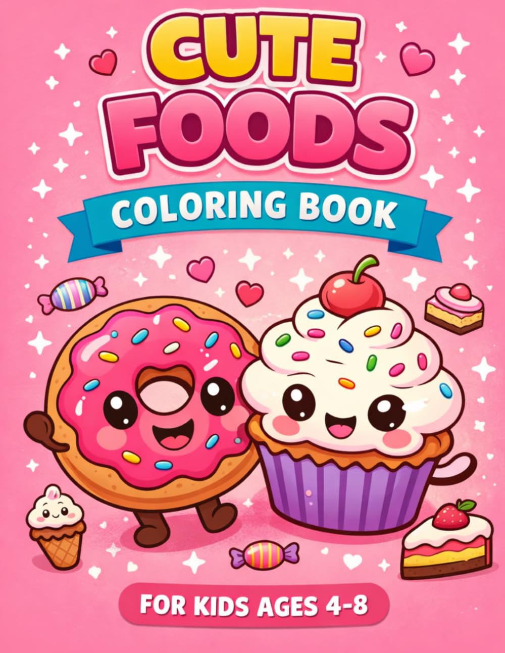 Cute Foods Coloring Book for Kids Ages 4–8: Fun and Easy Kawaii Food Coloring Pages for Boys and Girls, Cute Desserts, Snacks, and Sweet Treats for Relaxation and Creativity