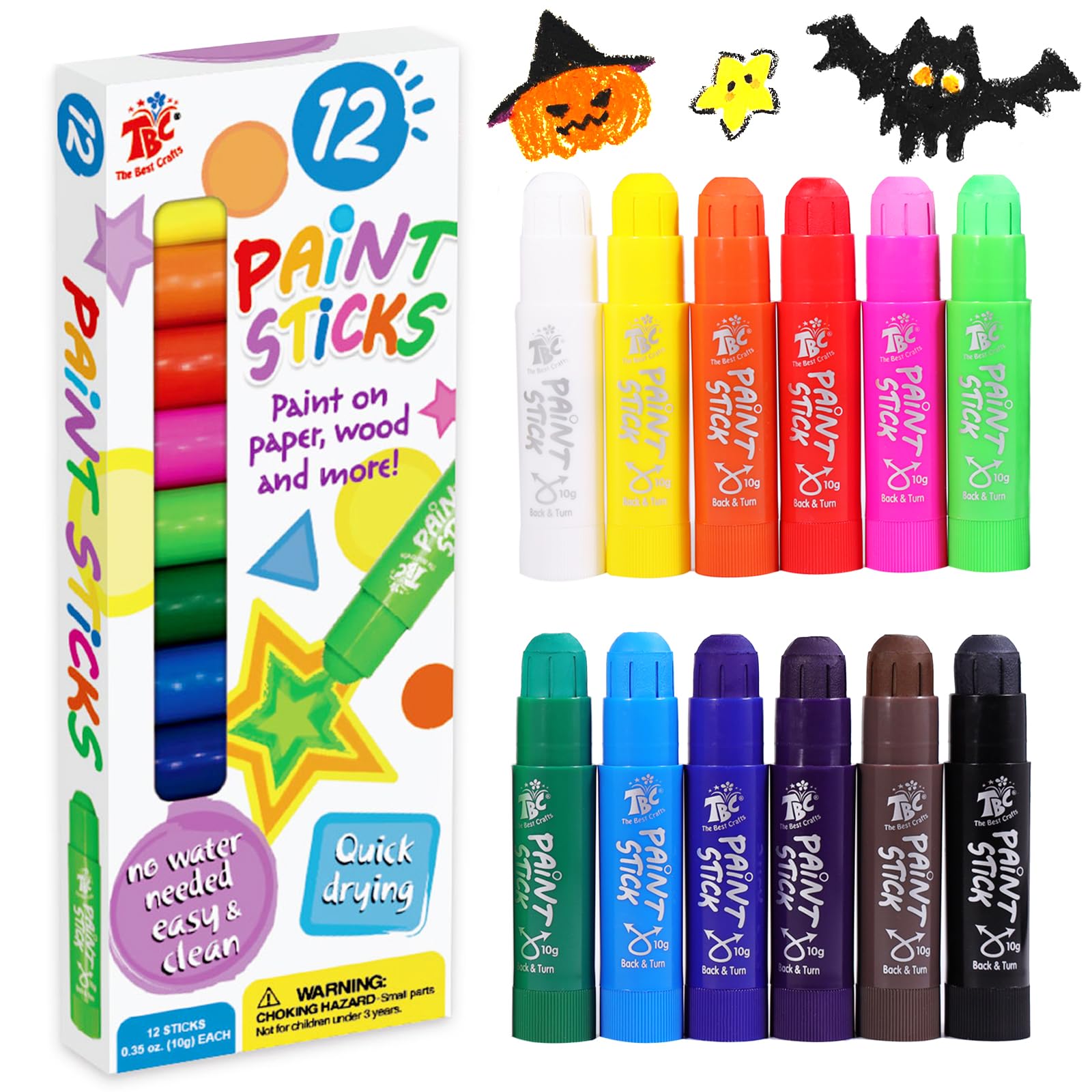 TBC The Best Crafts Paint Sticks,12 Classic Colors, Washable Paint, Non-toxic, Tempera Paint Sticks for Kids and Students