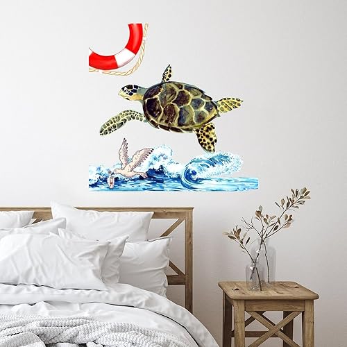 Calcomanías de pared con temática náutica de océano, playa, tortuga marina subacuática, textura azul personalizada, paisaje marino, puertas