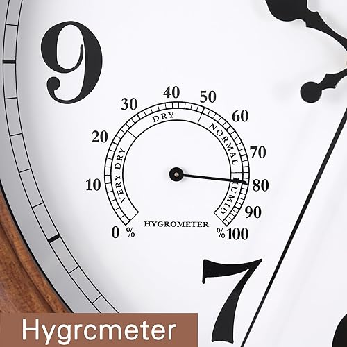 Miniatura 4 de Reloj de pared de madera de 13.5 pulgadas con temperatura y humedad, relojes de pared de madera retro, movimiento de barrido grande, reloj de pared