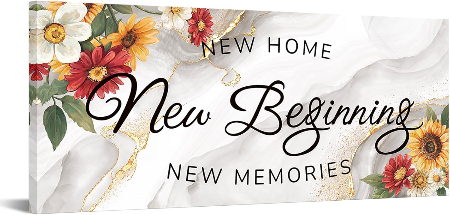 KREATIVE ARTS New Home New Beginning New Memories Canvas Wall Art 20x48" Floral Quote on Marble Giclee Prints Stretched on Wood Frame Ready to Hang Above Couch Decor