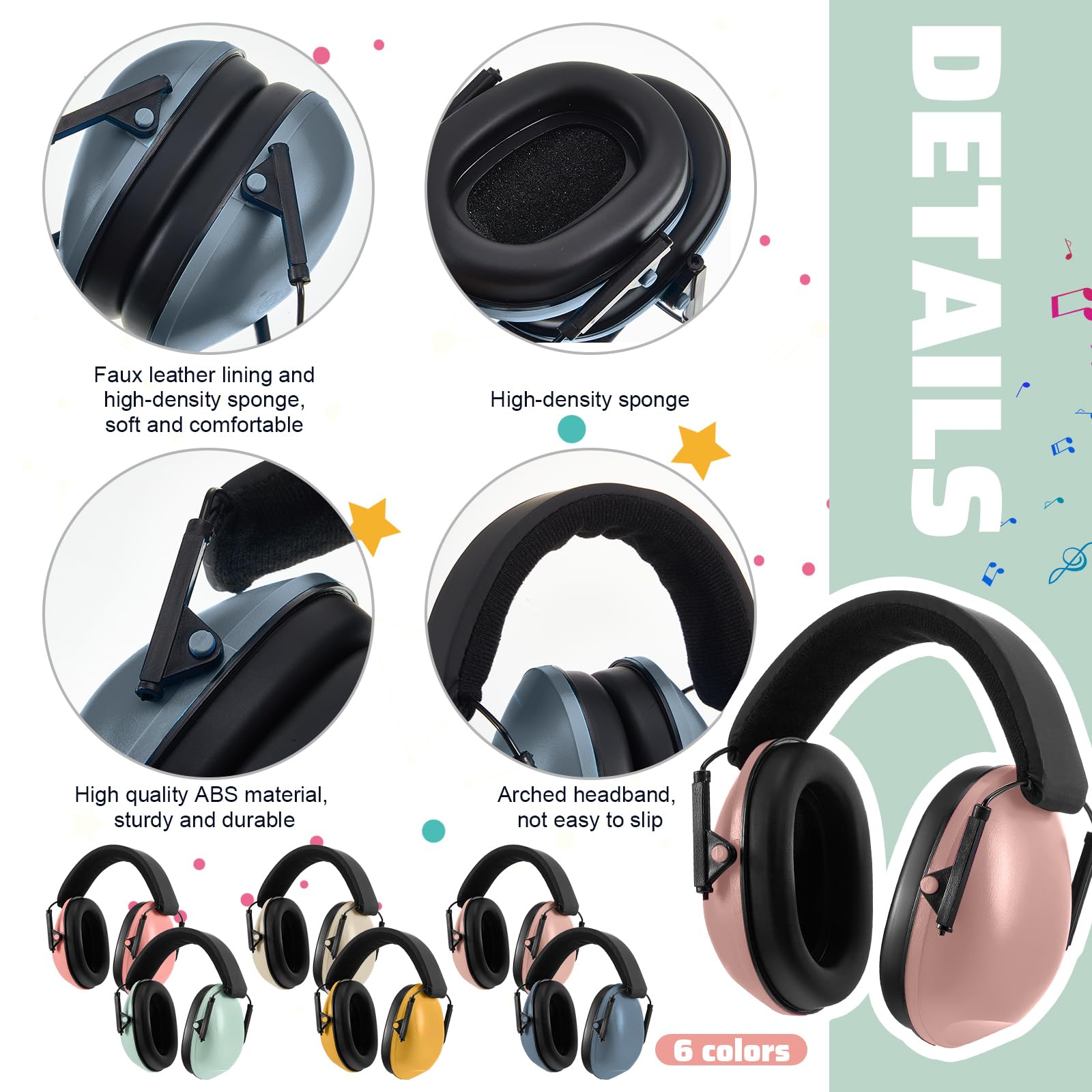 Amylove 6 auriculares con cancelación de ruido para niños, orejeras de reducción ajustable de 27 dB para autismo y niños pequeños