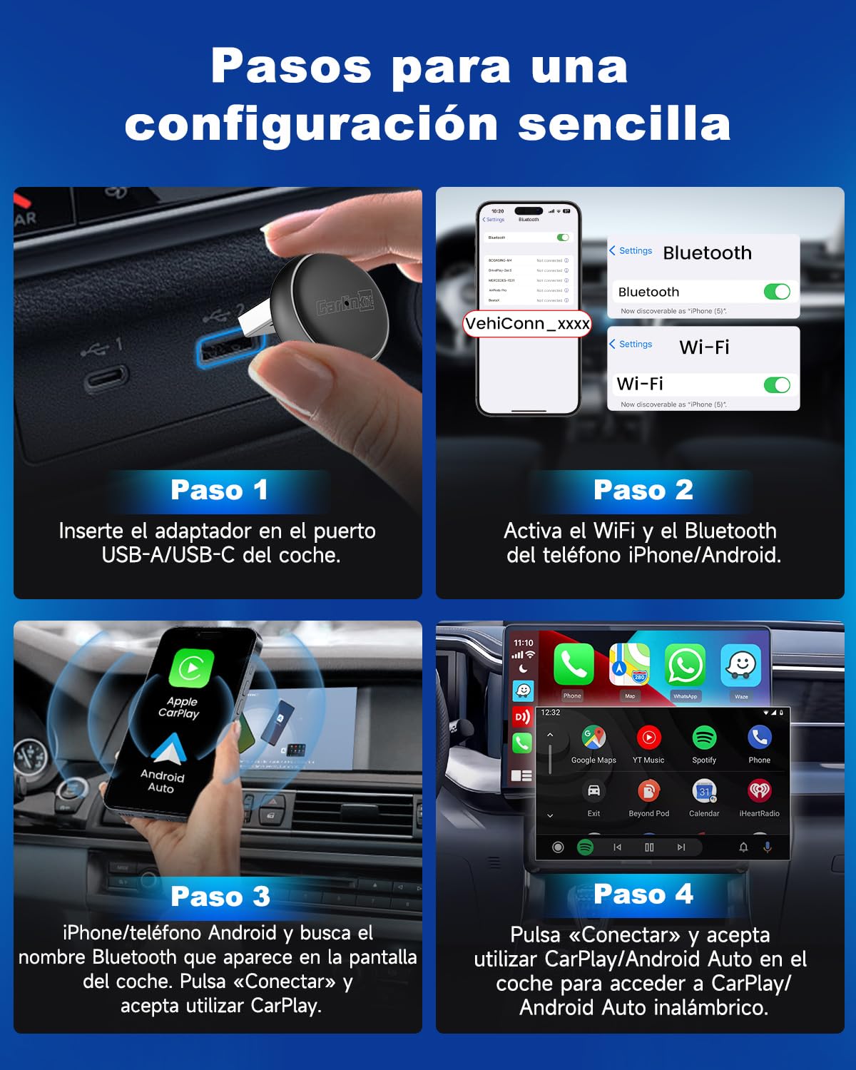 Carlinkit Adaptador inalámbrico CarPlay y Android Auto – Mini Ultra 3 Convert OEM con cable a dongle inalámbrico para iPhone y Android 11+, USB-A/Type-C Plug & Play, conexión rápida, actualización en