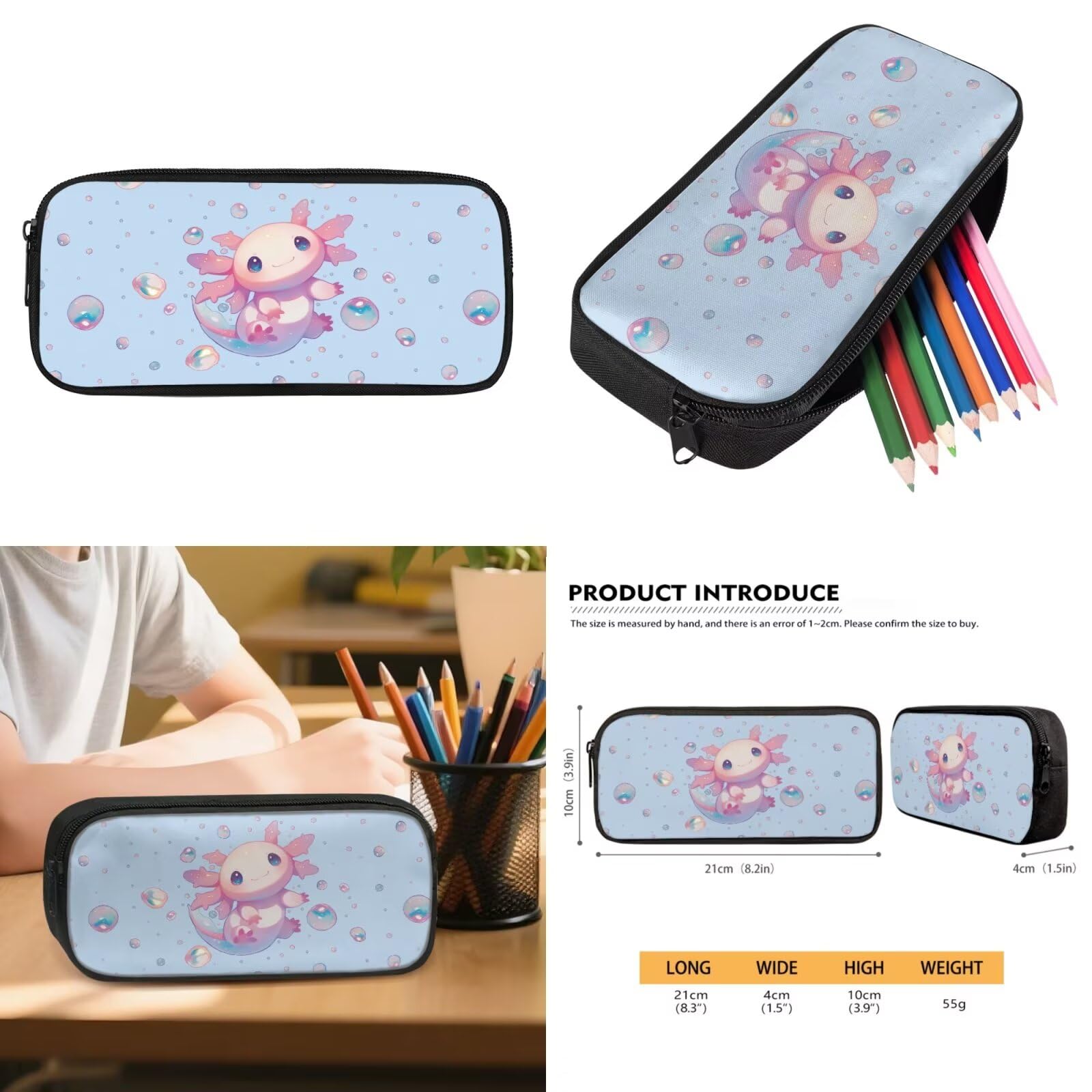 Howilath Set zaino per bambini per ragazze e ragazzi elementare scuola media 4 pezzi con portapranzo astuccio astuccio bottiglia d'acqua Mochilas Escolares Para Niñas, Bolle Axolotl, L, Classico