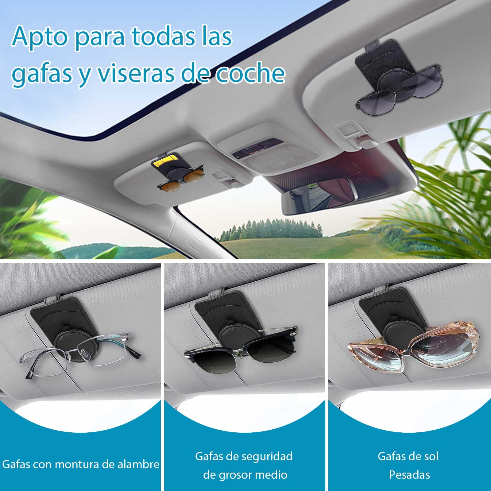 upbeat Soporte Gafas Coche, Fuerte Magnético Porta Gafas para Coche, Cuero Multifuncional Accesorios Coche, Soporte Via T Coche, Accesorios Coche Interior Sunglasses Holder