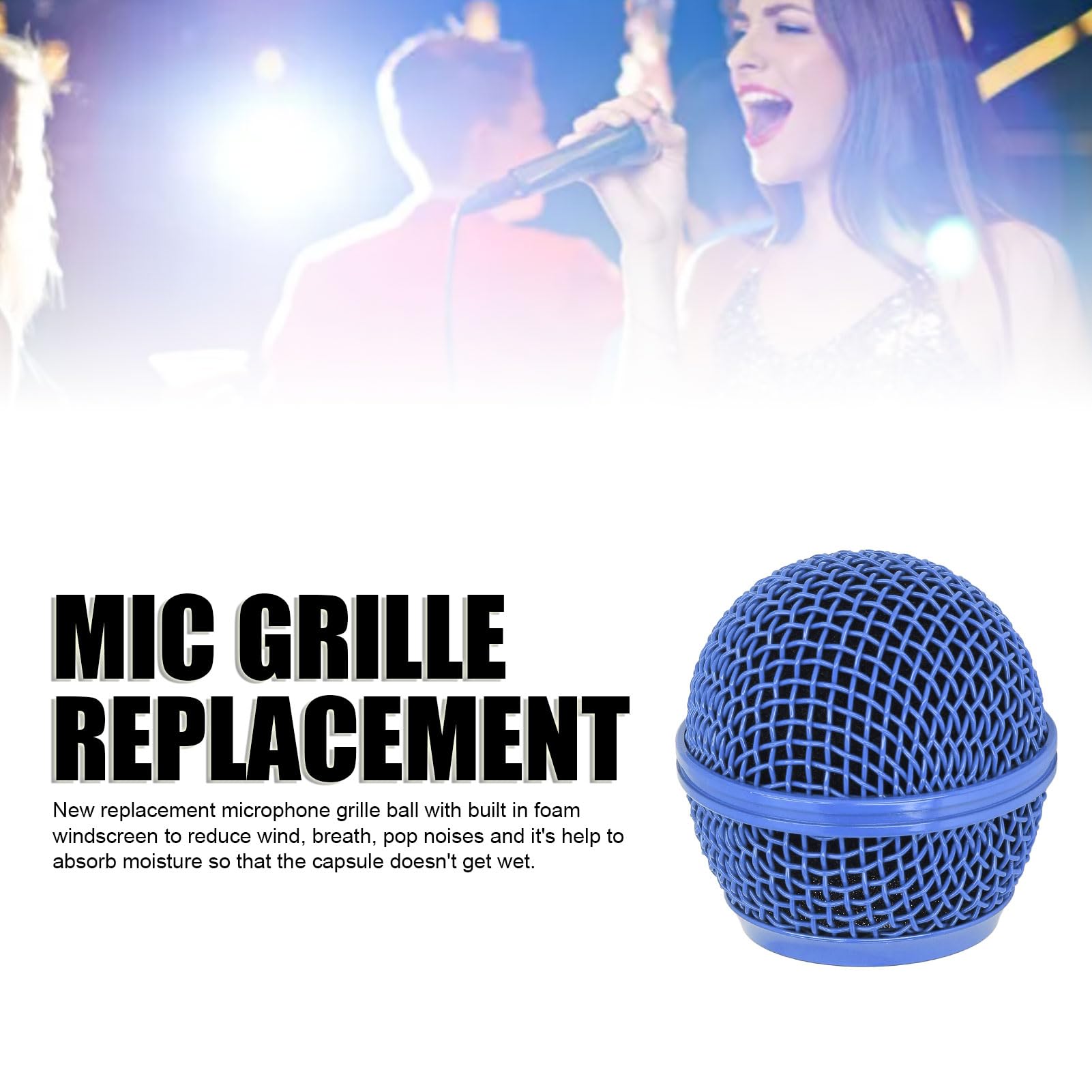 Microphone Grill Head, Grille Mic Replacement Ball Head for SM58S SM58LC BETA58 BETA58A SA M30 SV100 UT2 PGX24 SLX4, Mesh Microphone Ball Head Replacement (Blue)