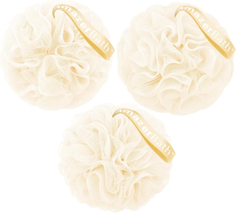 Esponja de banho AmazerBath em tela PE, cor creme, 60 g, Pacote com 3