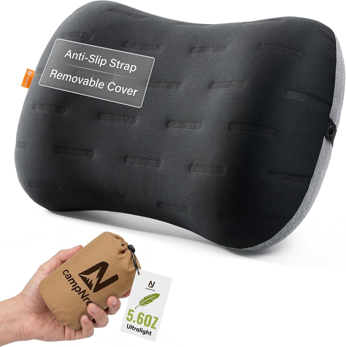 Inflatable Camping Pillow - Ultralight Compact Air Pillow for Travel, Backpacking & Hiking - Ergonomic Neck & Lumbar Support - Portable Inflatable Pillow with Removable Washable Cover - (Black)